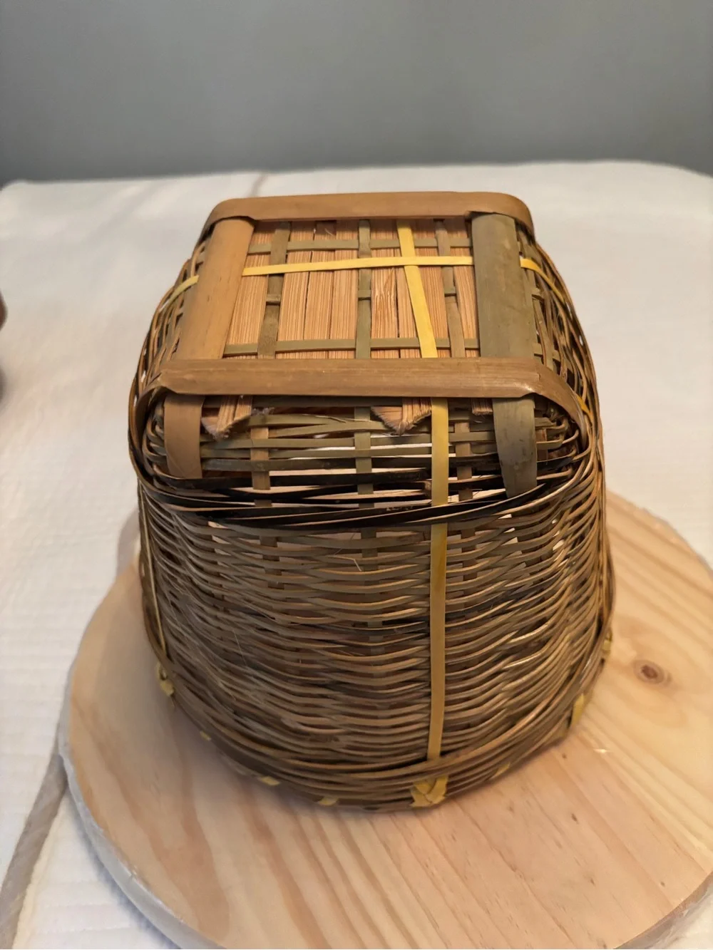 Vintage Bamboo Woven Basket with Handles Square Base Round Top Asian Boho